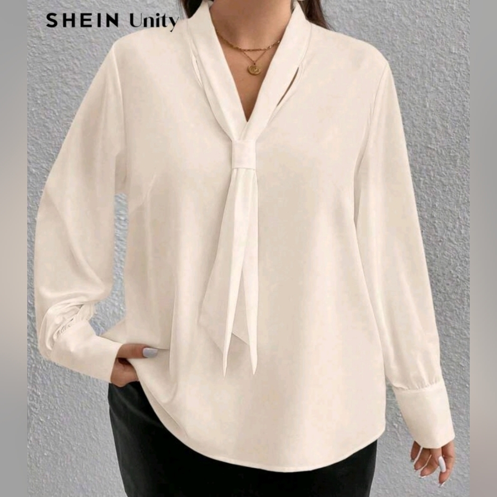 SHEIN Cream Colored Tie Neck Blouse